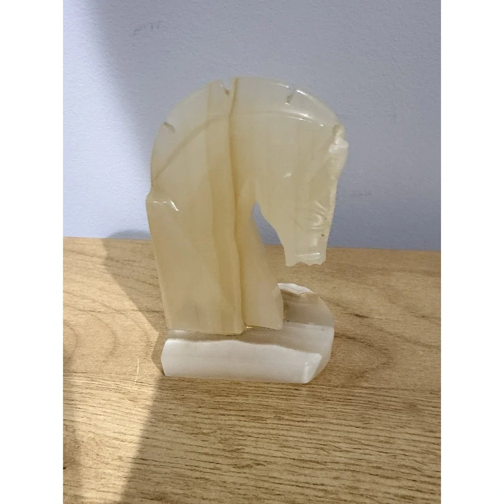 Beautiful Marble‎ Horse Head Bookends Trojan Mid Century Modern White Tan Marble